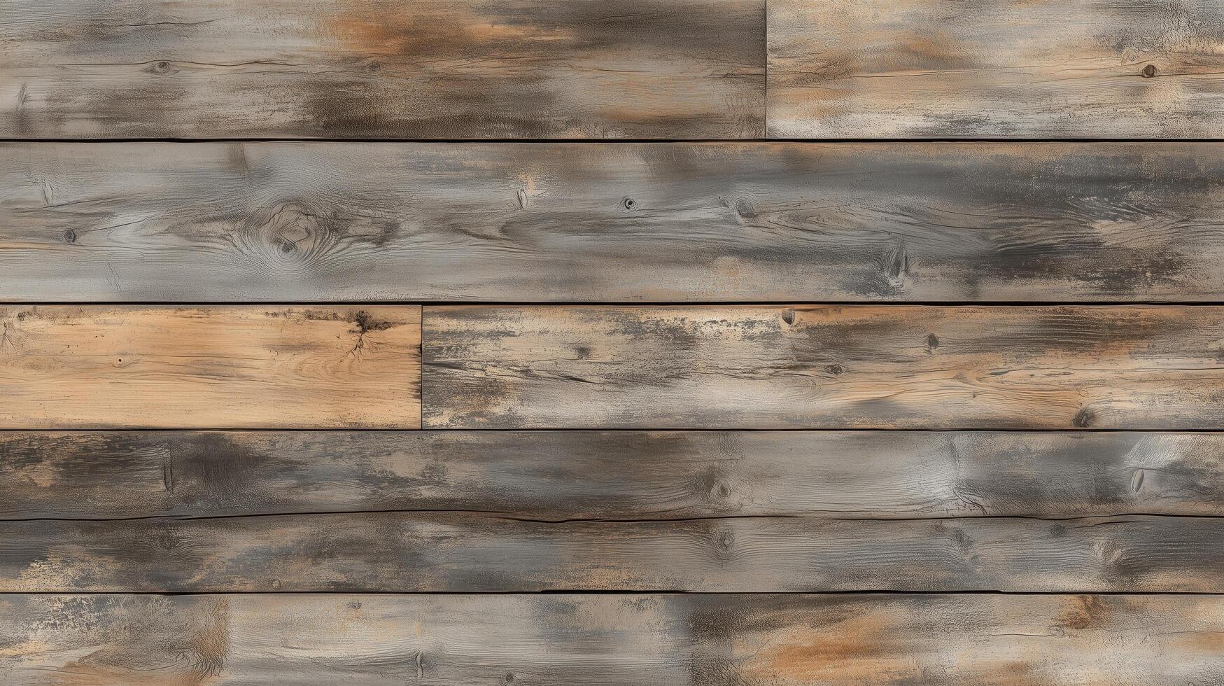 A wooden floor with a lot of cracks and splinters. The wood is old and worn, giving the impression of a rustic, natural setting. photo