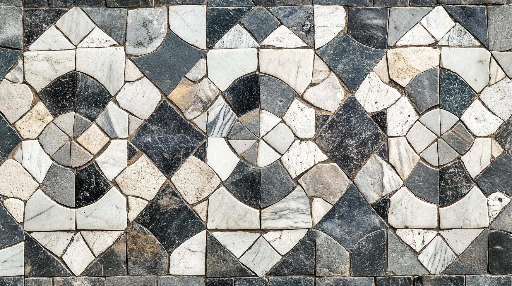 A black and white mosaic tile pattern. The tiles are of different sizes and shapes. photo