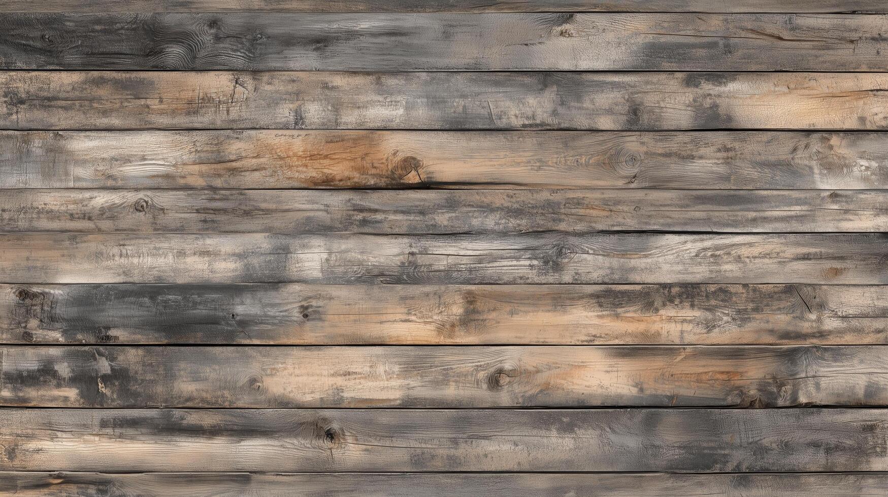 A wooden floor with a lot of cracks and splinters. The wood is old and worn, giving the impression of a rustic, natural setting. photo