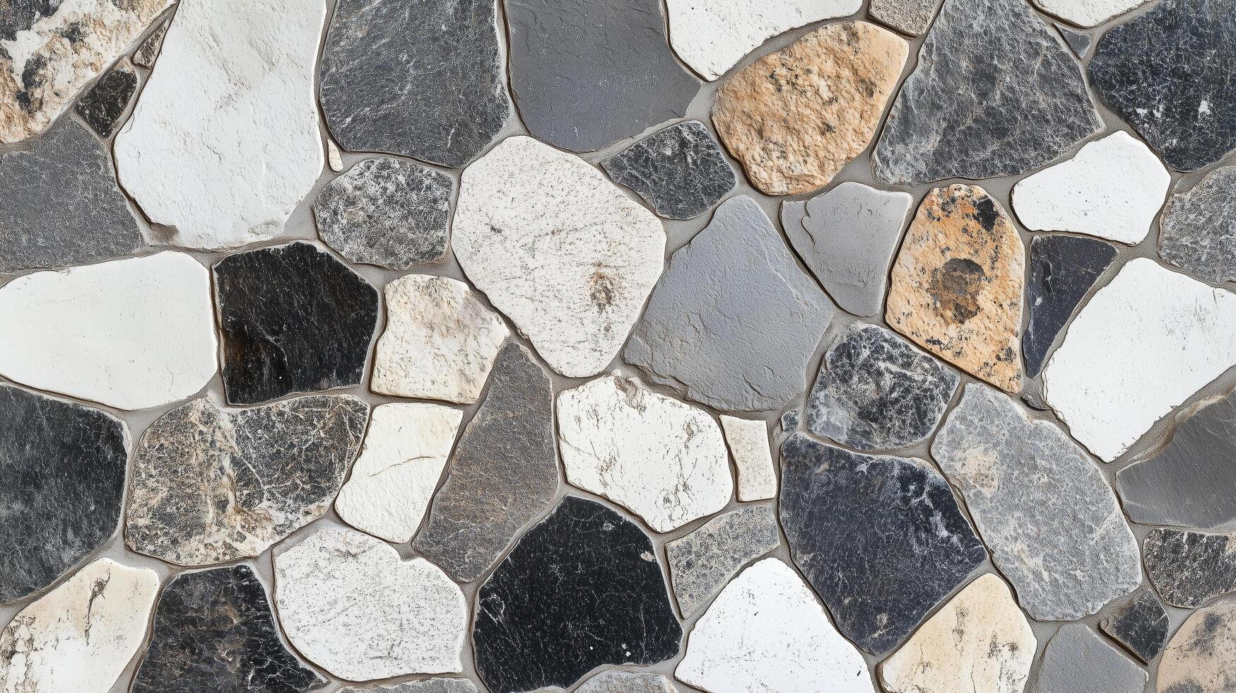A stone wall with a variety of different colored stones. The wall is made up of many different sized stones. photo