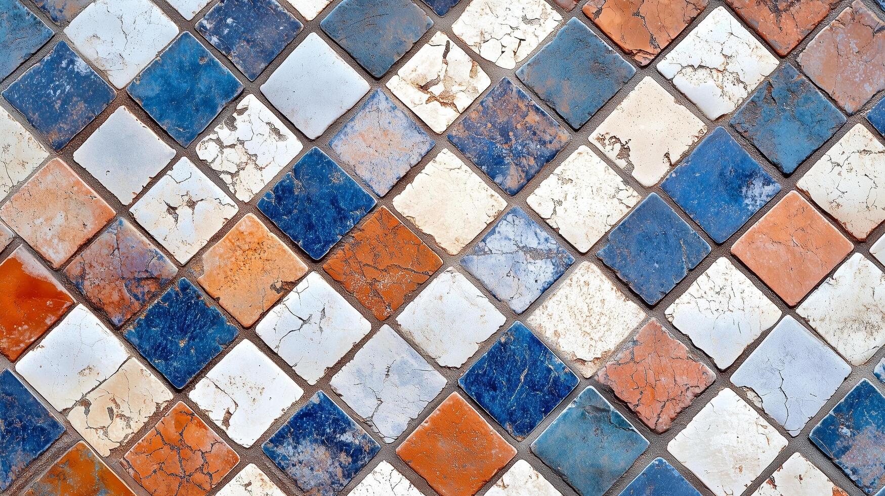 A tile floor with a checkered pattern of blue, white, and orange tiles. photo