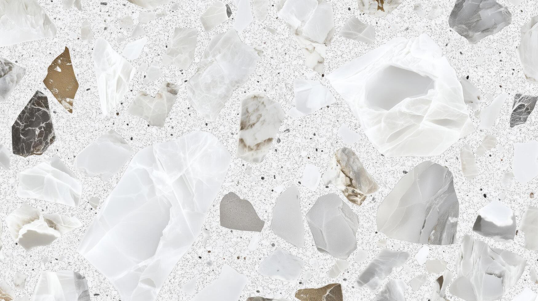 A white and grey stone wall with a few small rocks. The wall is made of stone and has a rough texture. photo