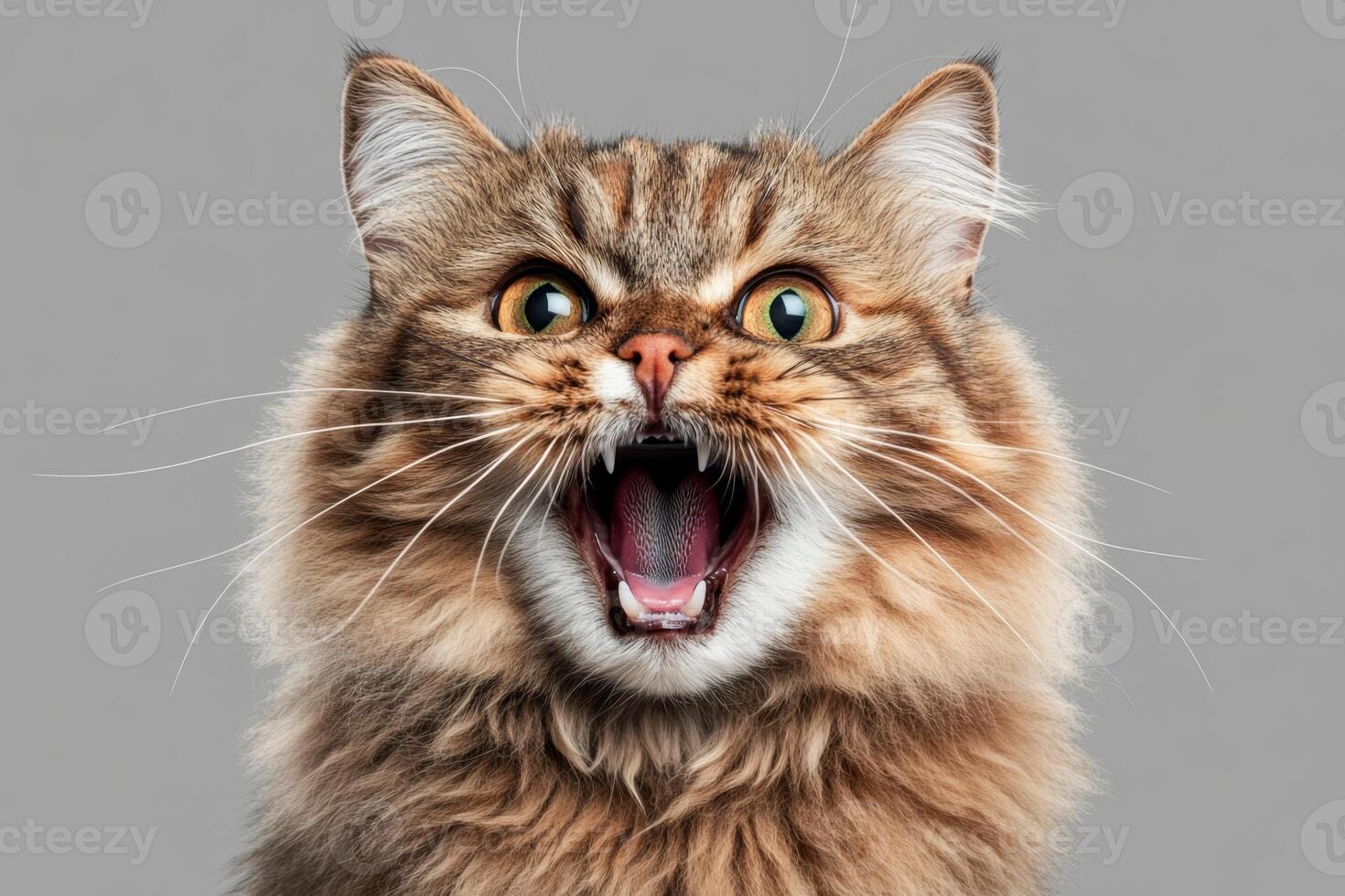 Portrait of a long haired cat yelling with wide open mouth photo