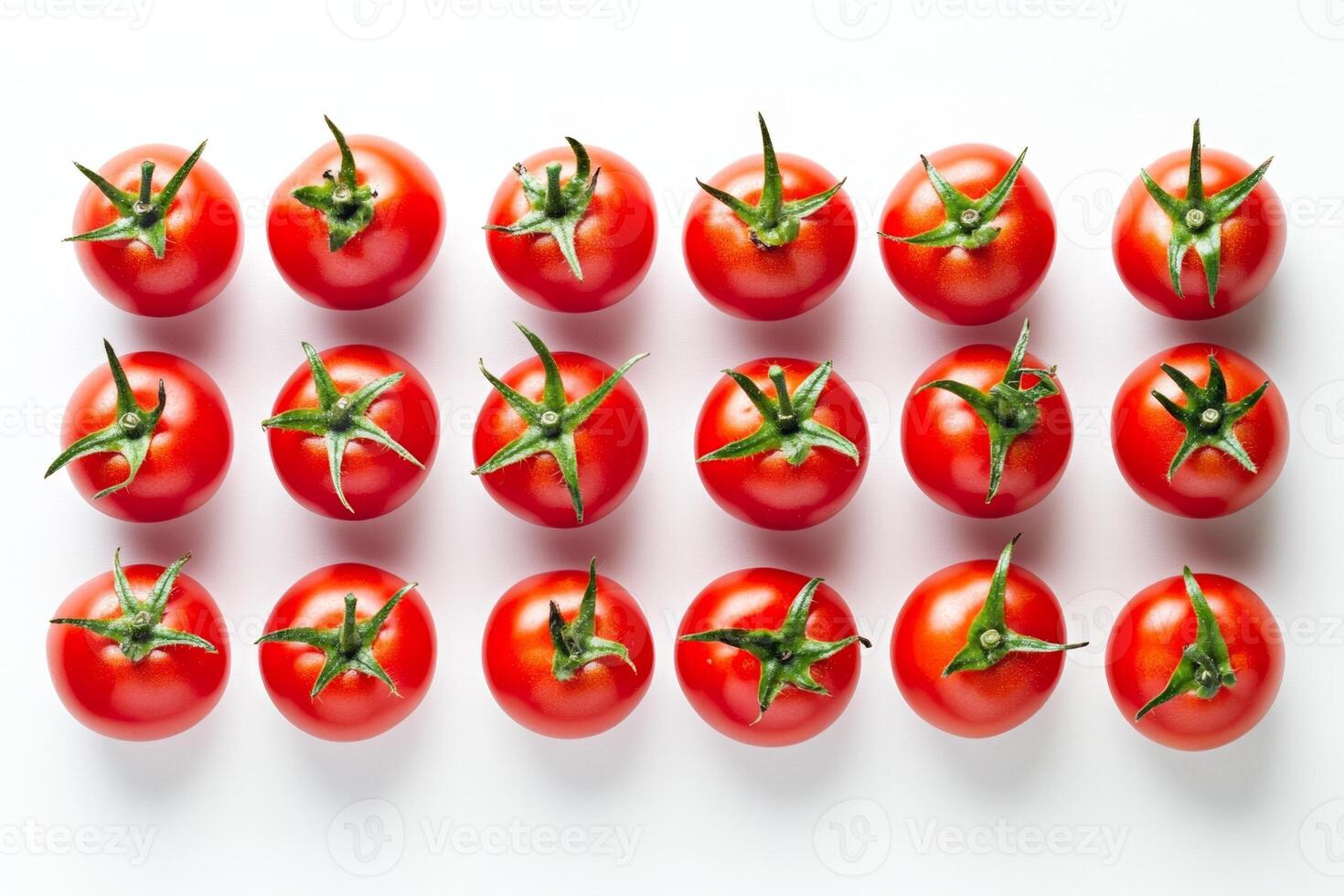 Many red tomatoes with green leaves forming a pattern on white background photo