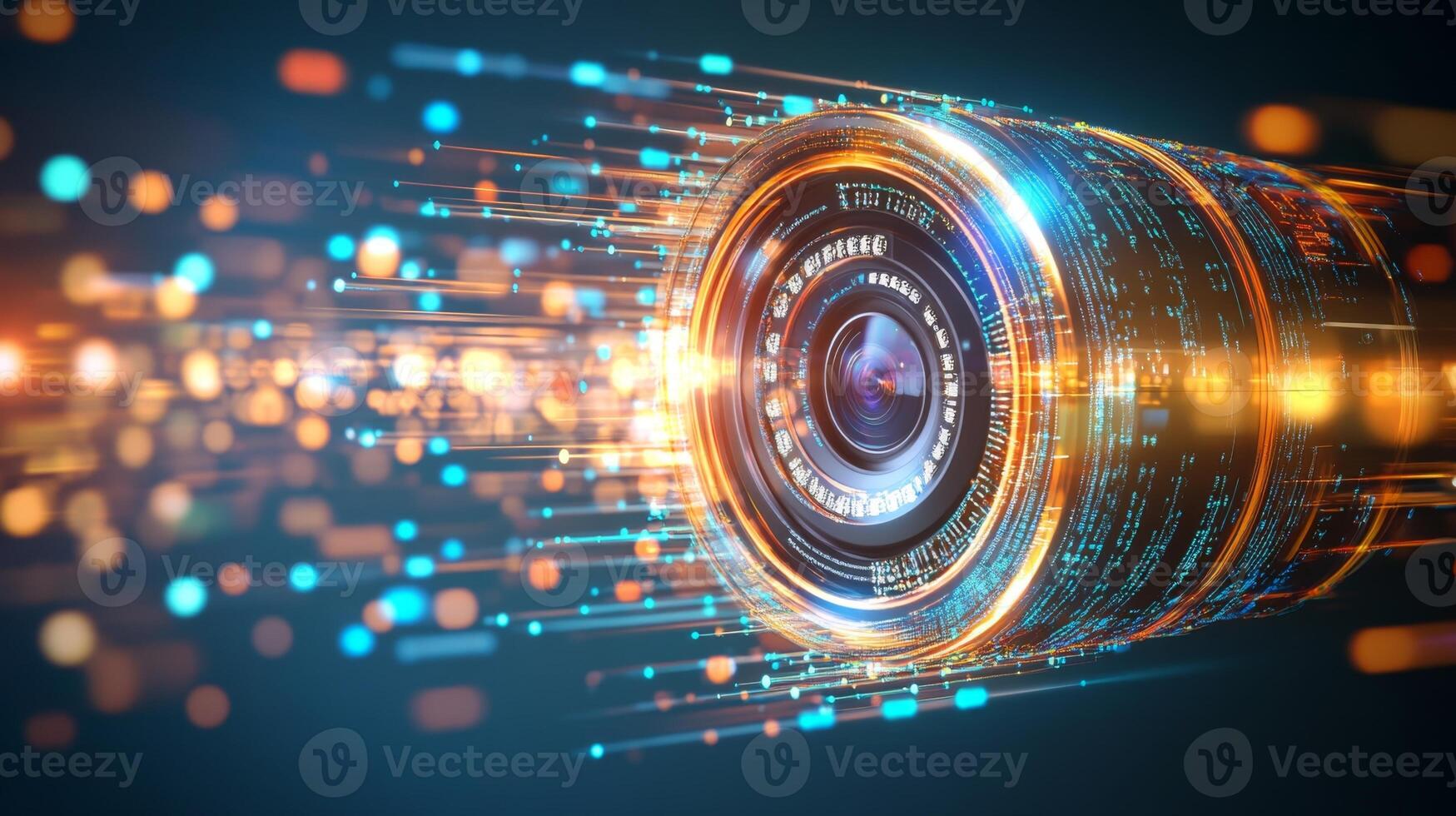 Digital camera lens sending data through fiber optics photo