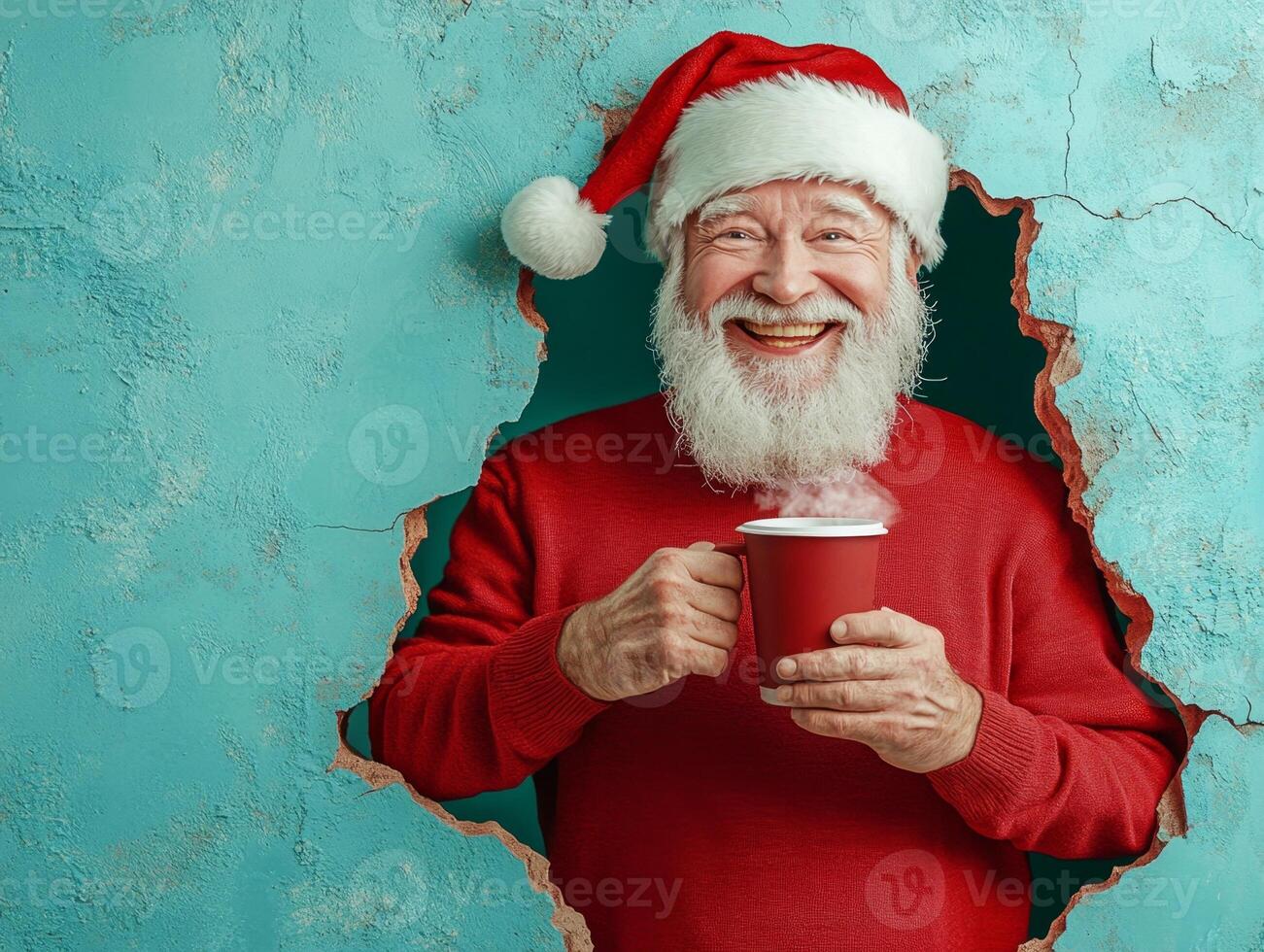 Cheerful santa claus is holding a hot beverage and smiling at christmas time photo