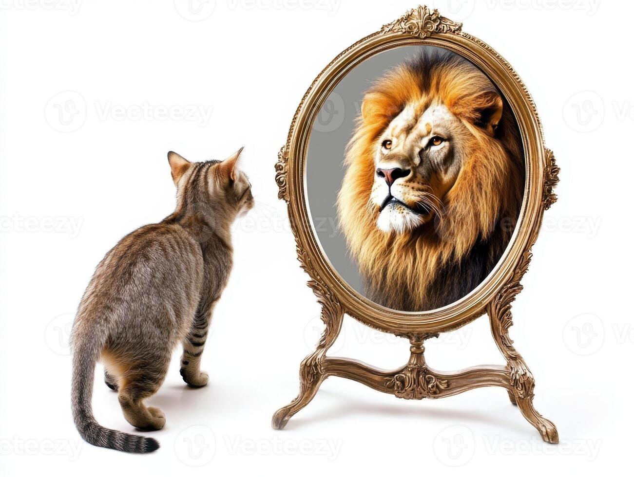 Cat looking in mirror seeing lion reflection self confidence concept photo