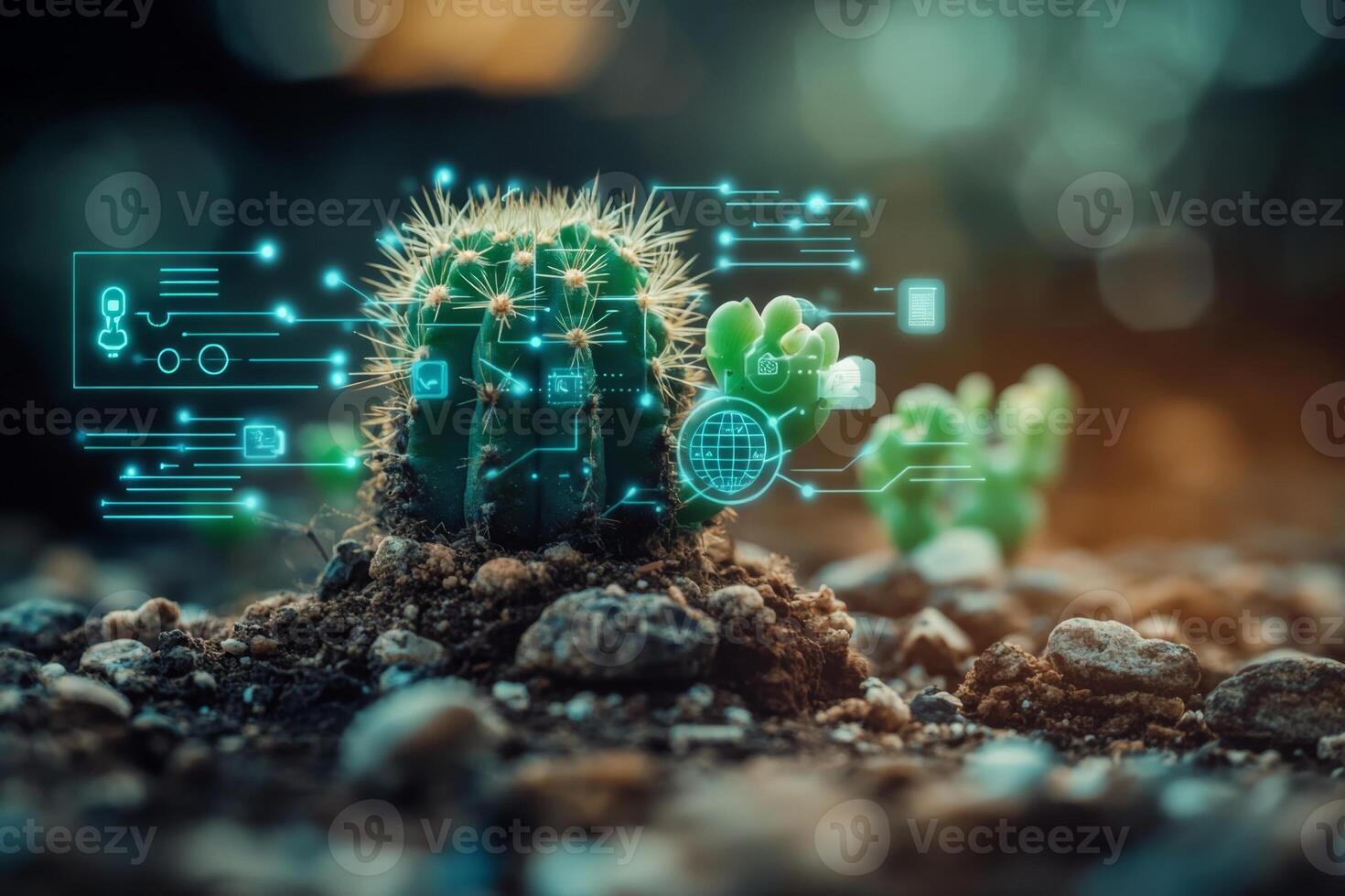 Cactus growing with digital icons symbolizing technological growth photo