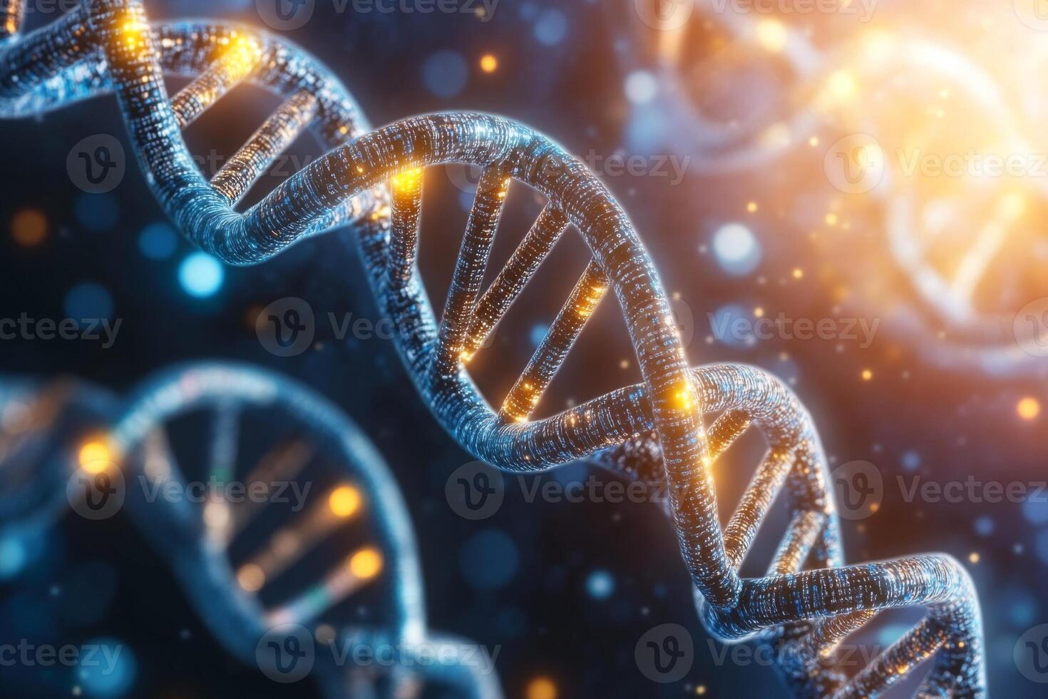 Digital dna strands forming a double helix with glowing genes photo
