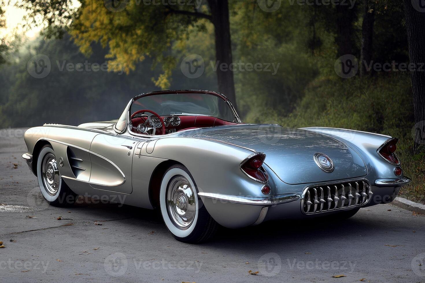 Silver blue classic american convertible sports car parked on country road photo