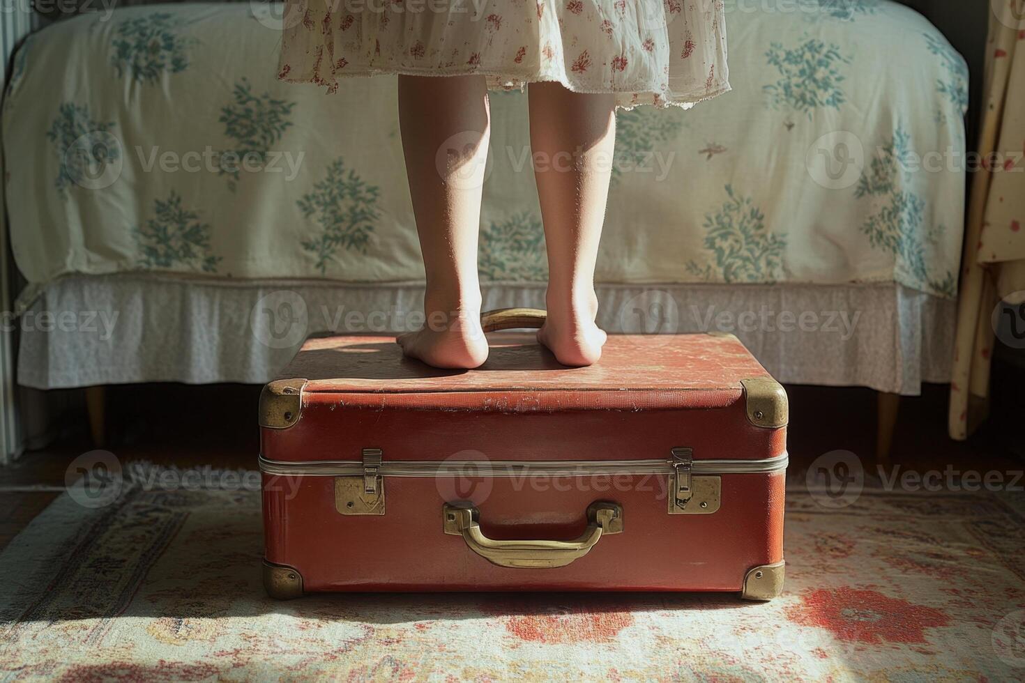Child standing on red suitcase in sunny bedroom photo