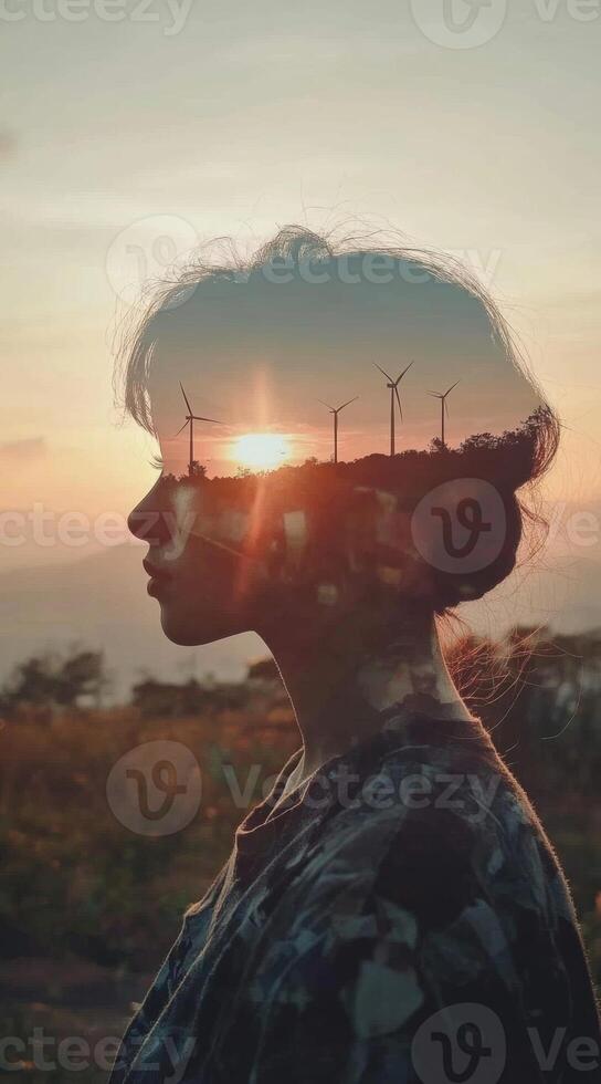 Young woman combining with wind turbine and sunset at mountain top photo