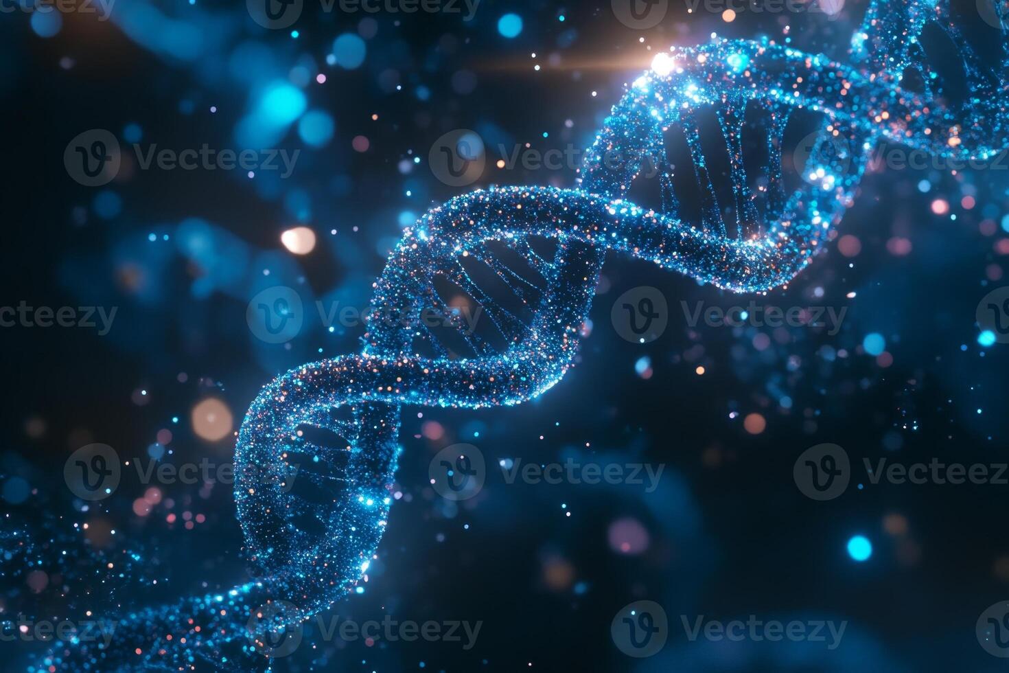 Glowing blue dna strand is rotating on a dark background with bokeh lights photo