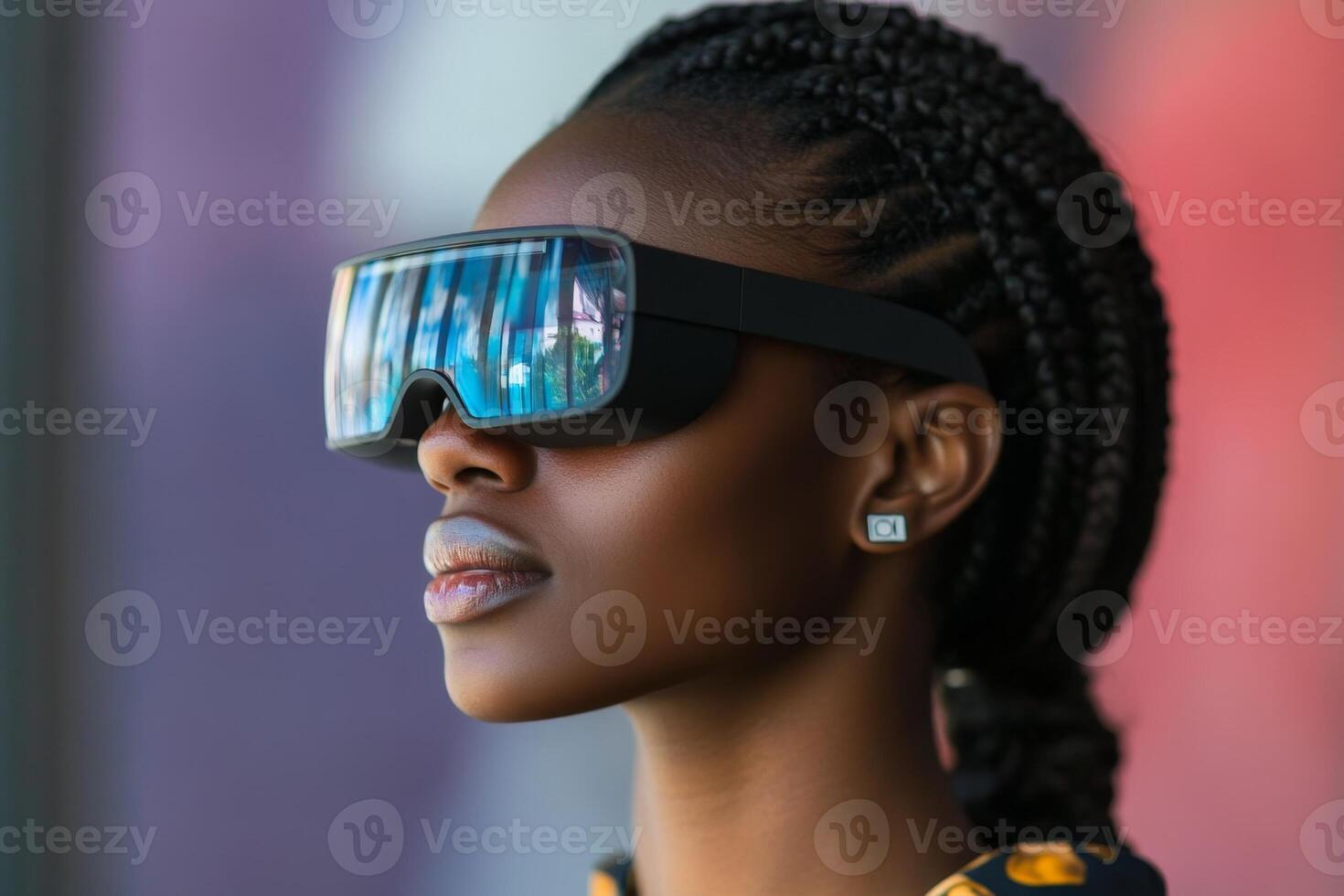 Young black woman wearing augmented reality glasses is exploring a new world photo