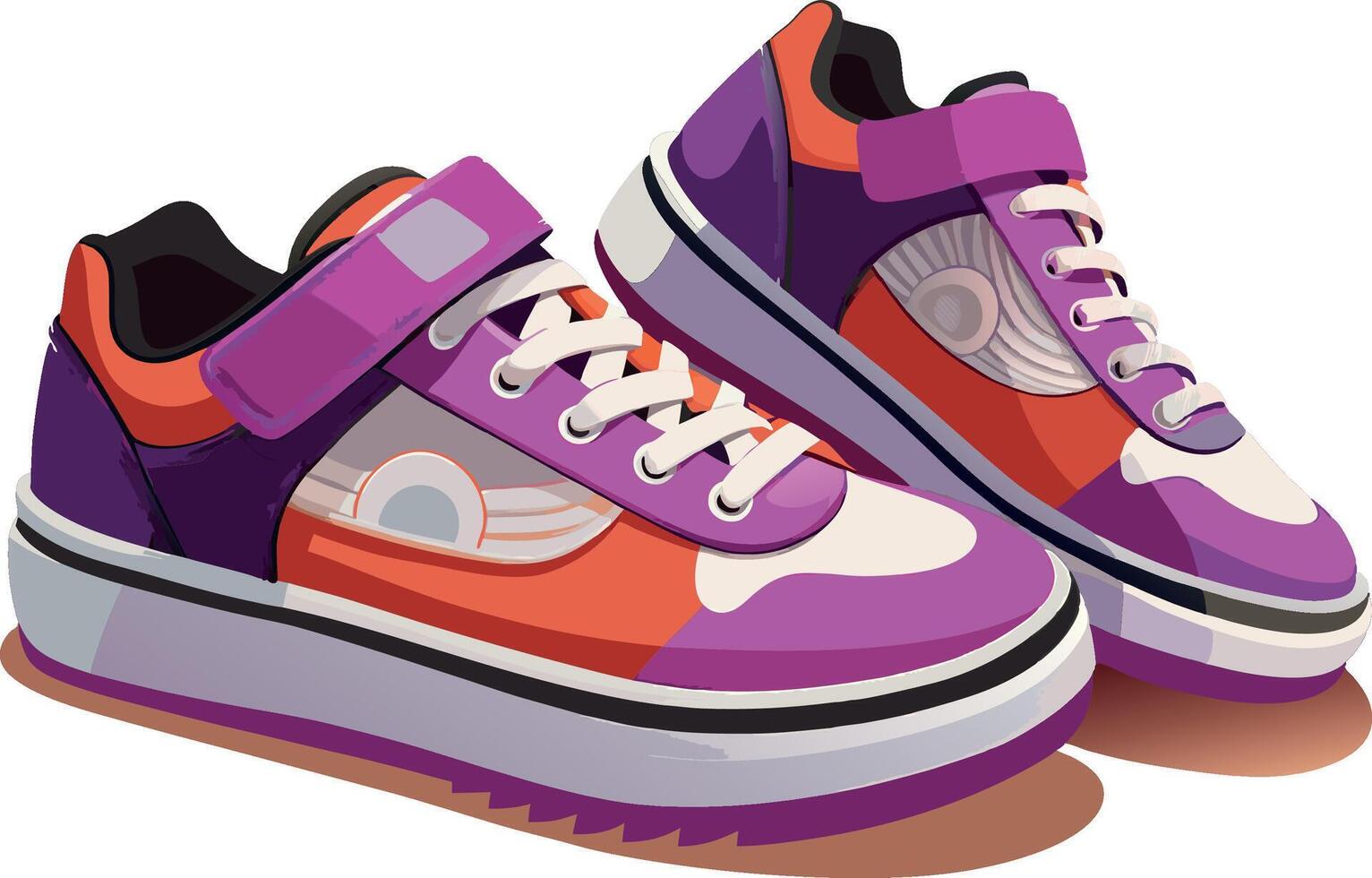 Pair of purple and orange sneakers with white laces vector