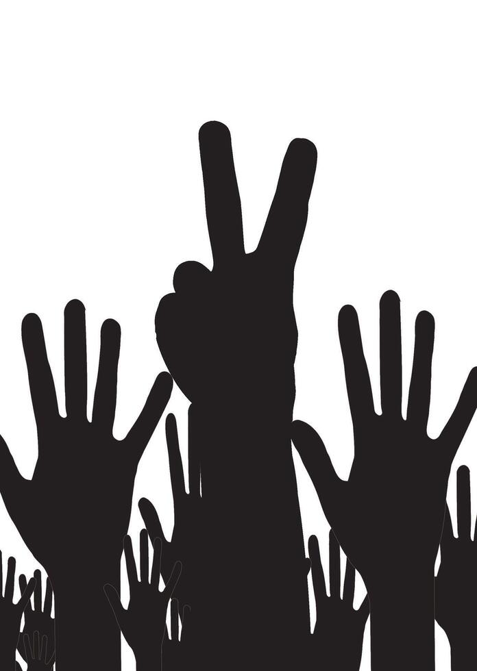 Crowd cheering showing support with raised hands and peace sign vector