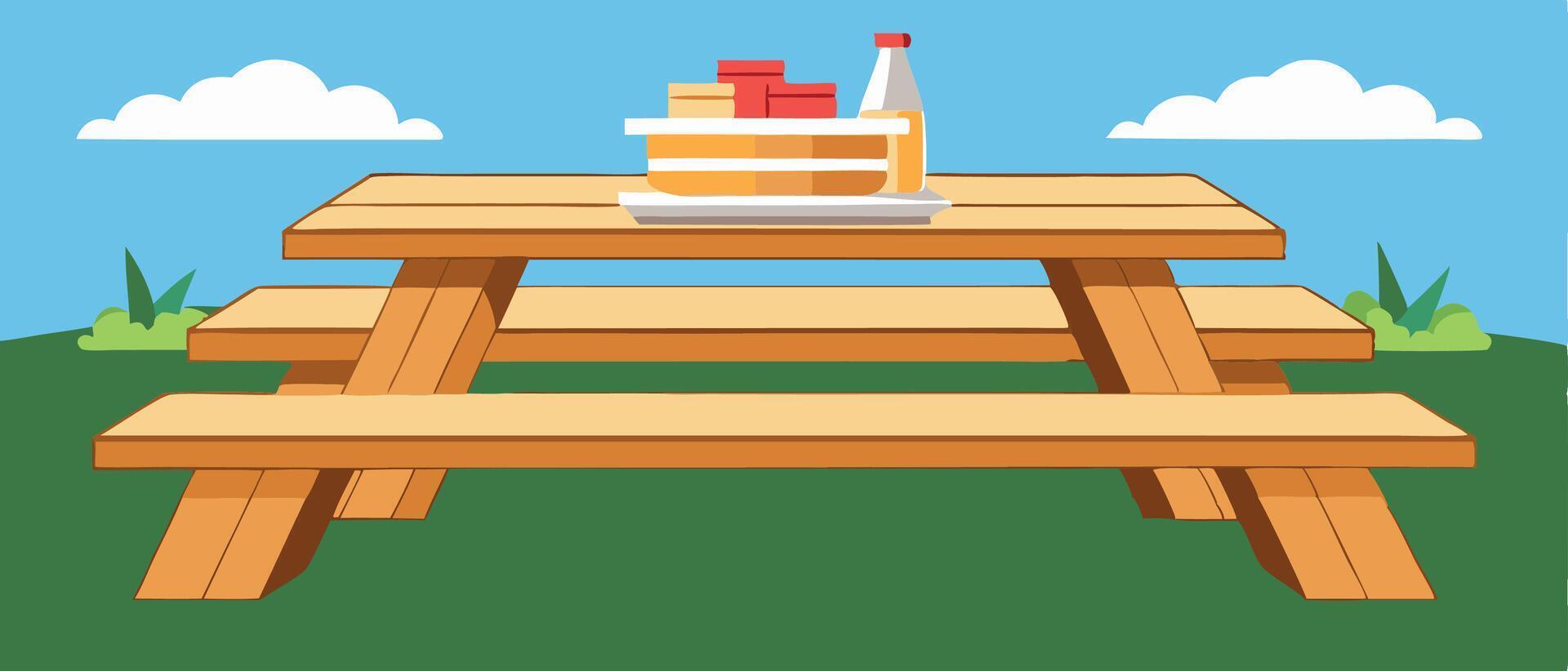 Wooden picnic table with food tray waiting for family to have lunch on a sunny day in the park vector