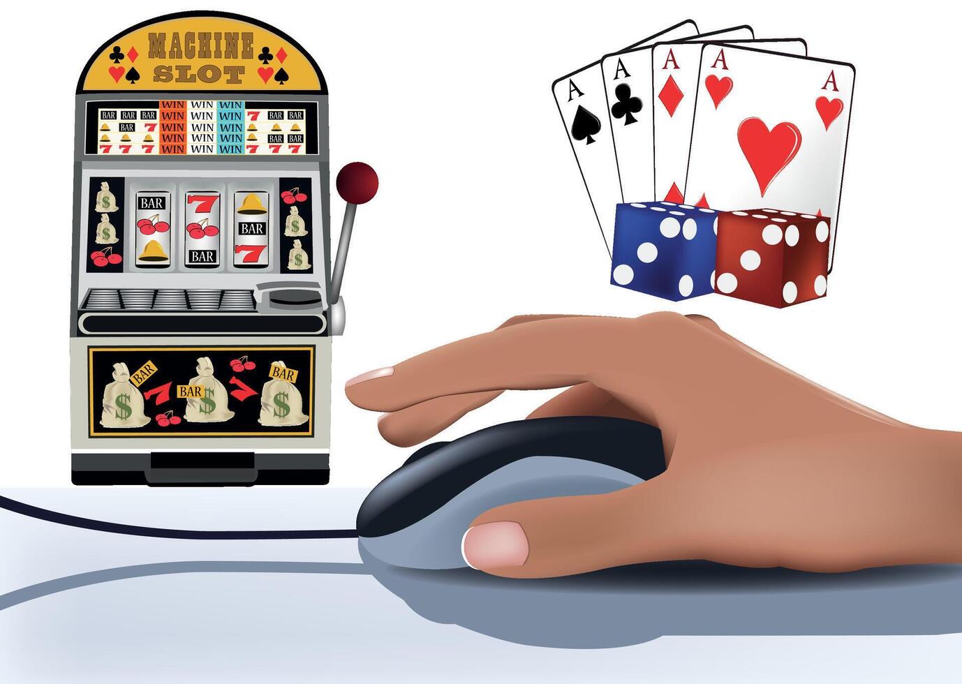 Hand clicking a computer mouse with a slot machine and playing cards in the background vector