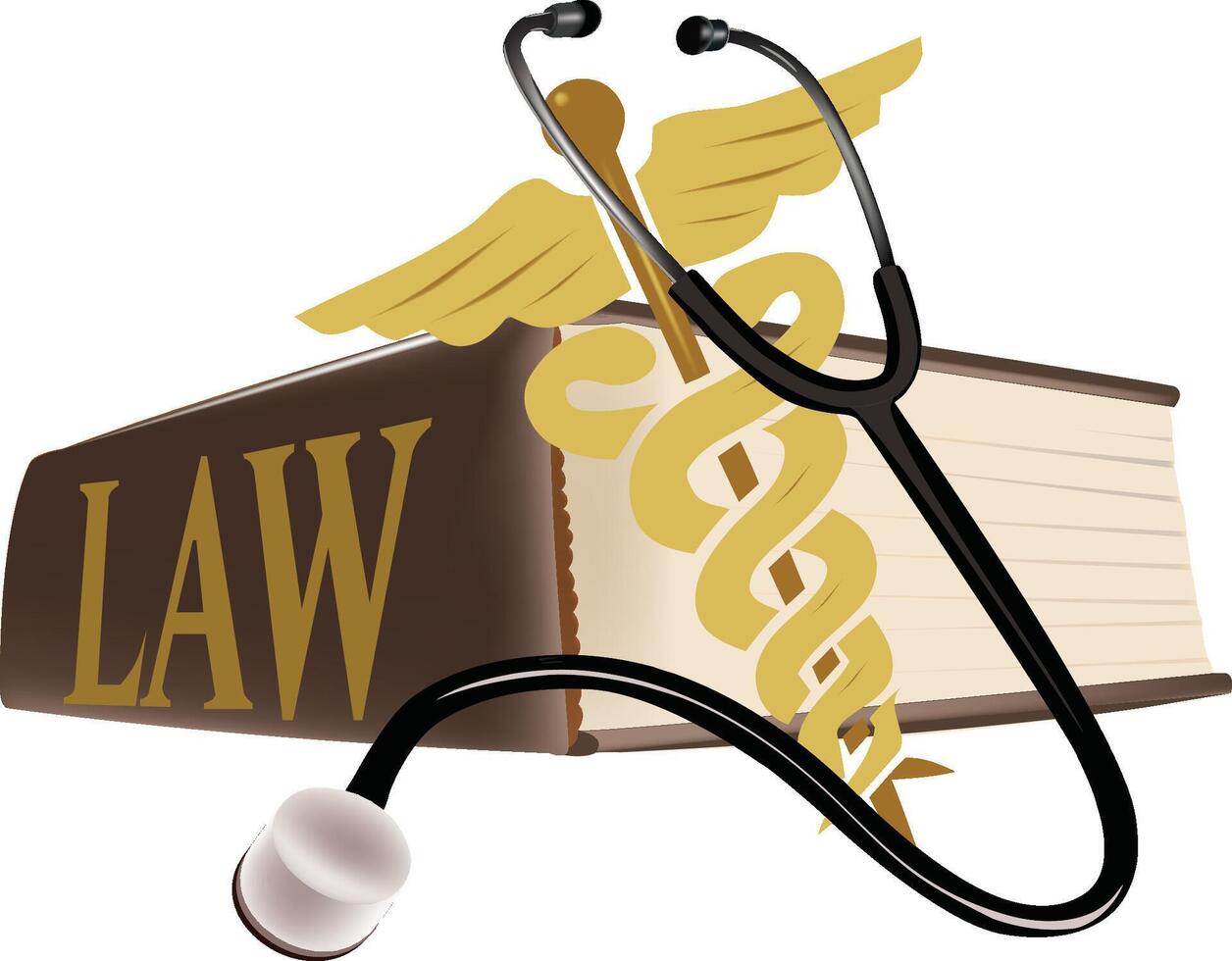 Medical law book with caduceus and stethoscope resting on top vector