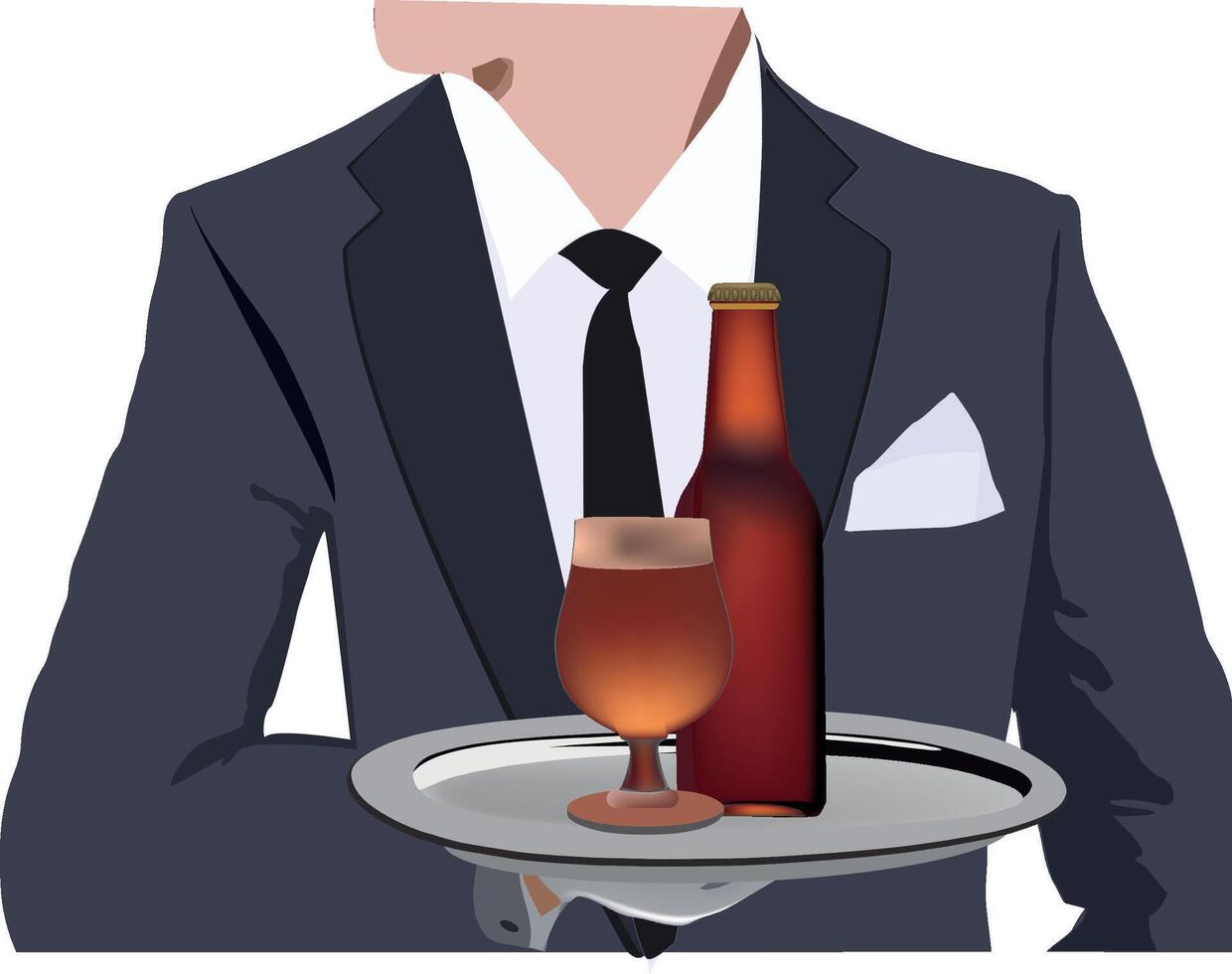 A waiter in a suit holding a tray with a beer and a bottle vector