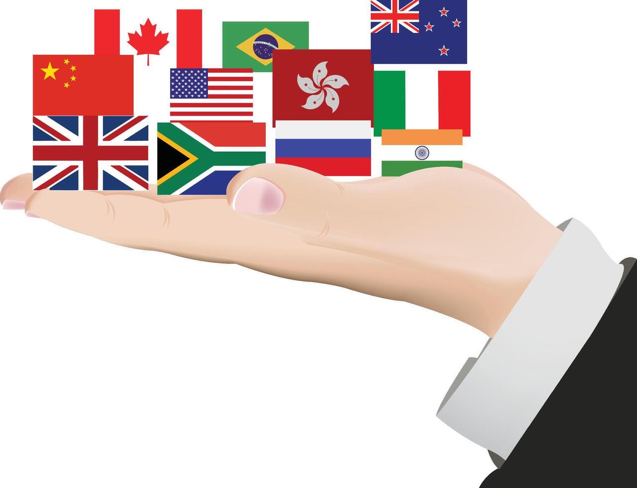 Businessman holding many international flags in his hand representing the concept of global business vector