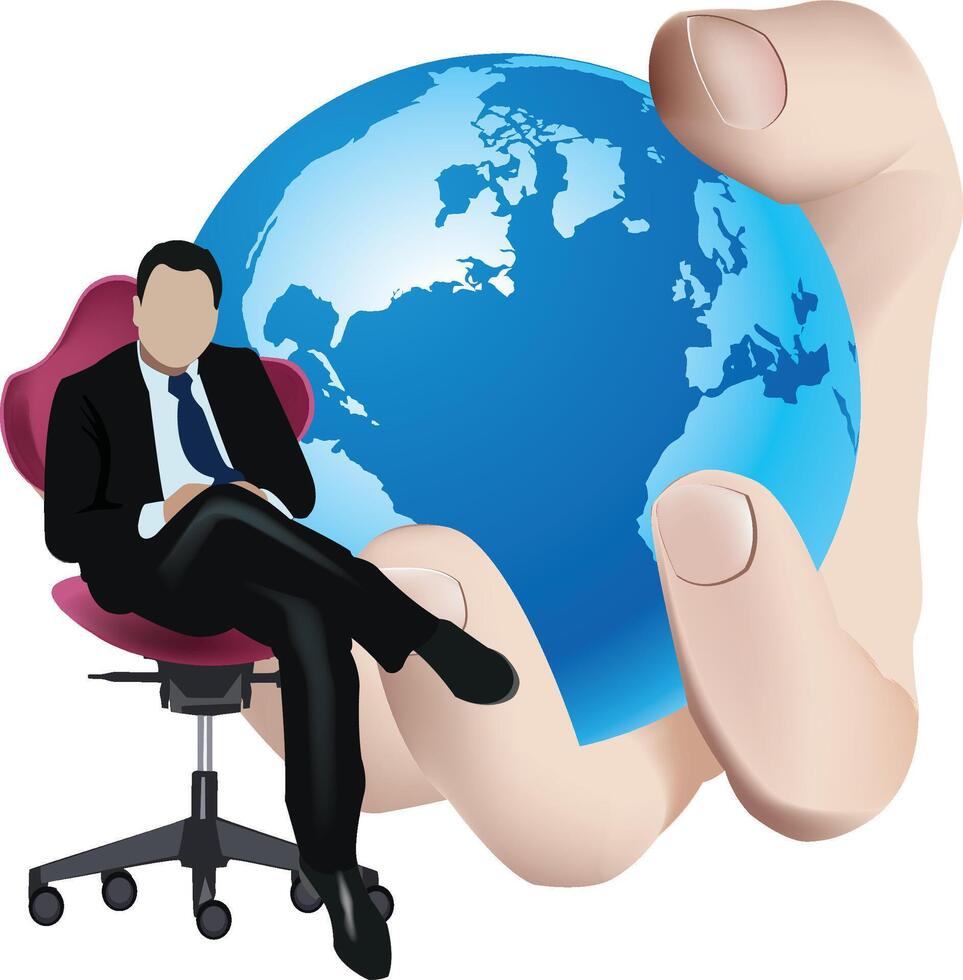 Concept of global business domination with businessman sitting comfortably in his office chair vector