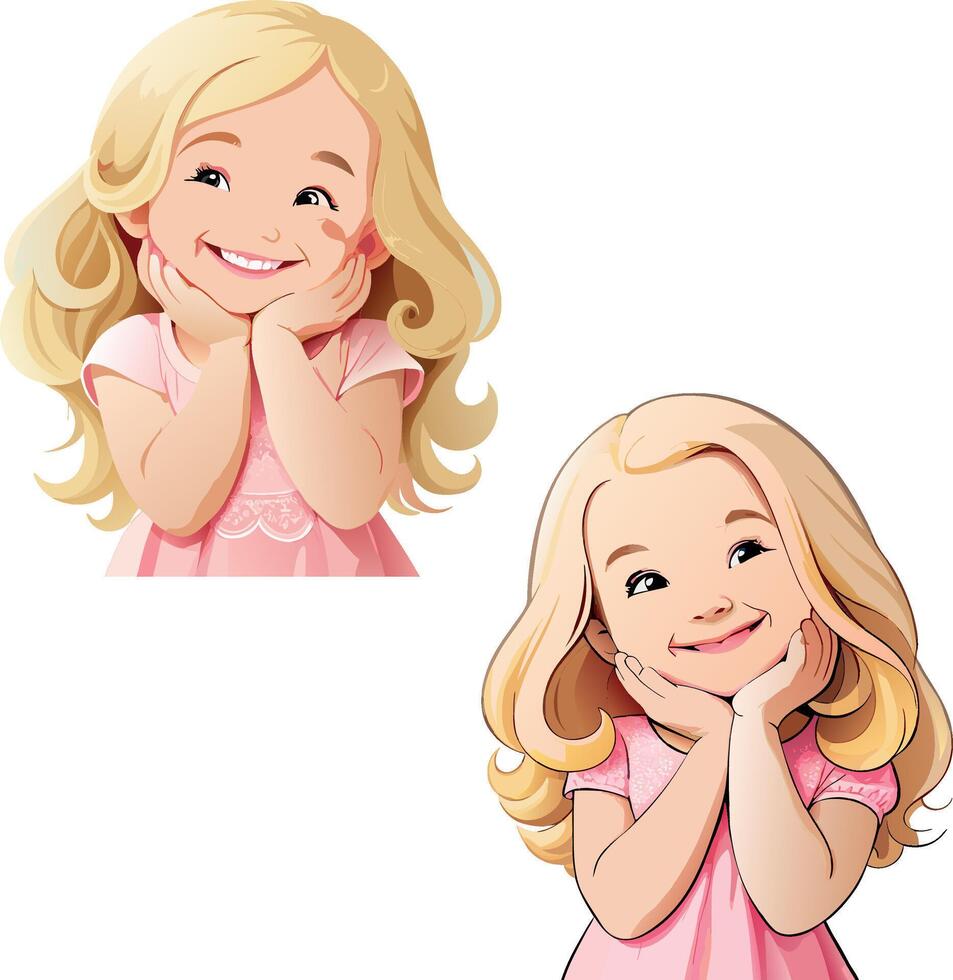 Two little blonde girls with pink dresses smiling and holding their heads up with hands vector