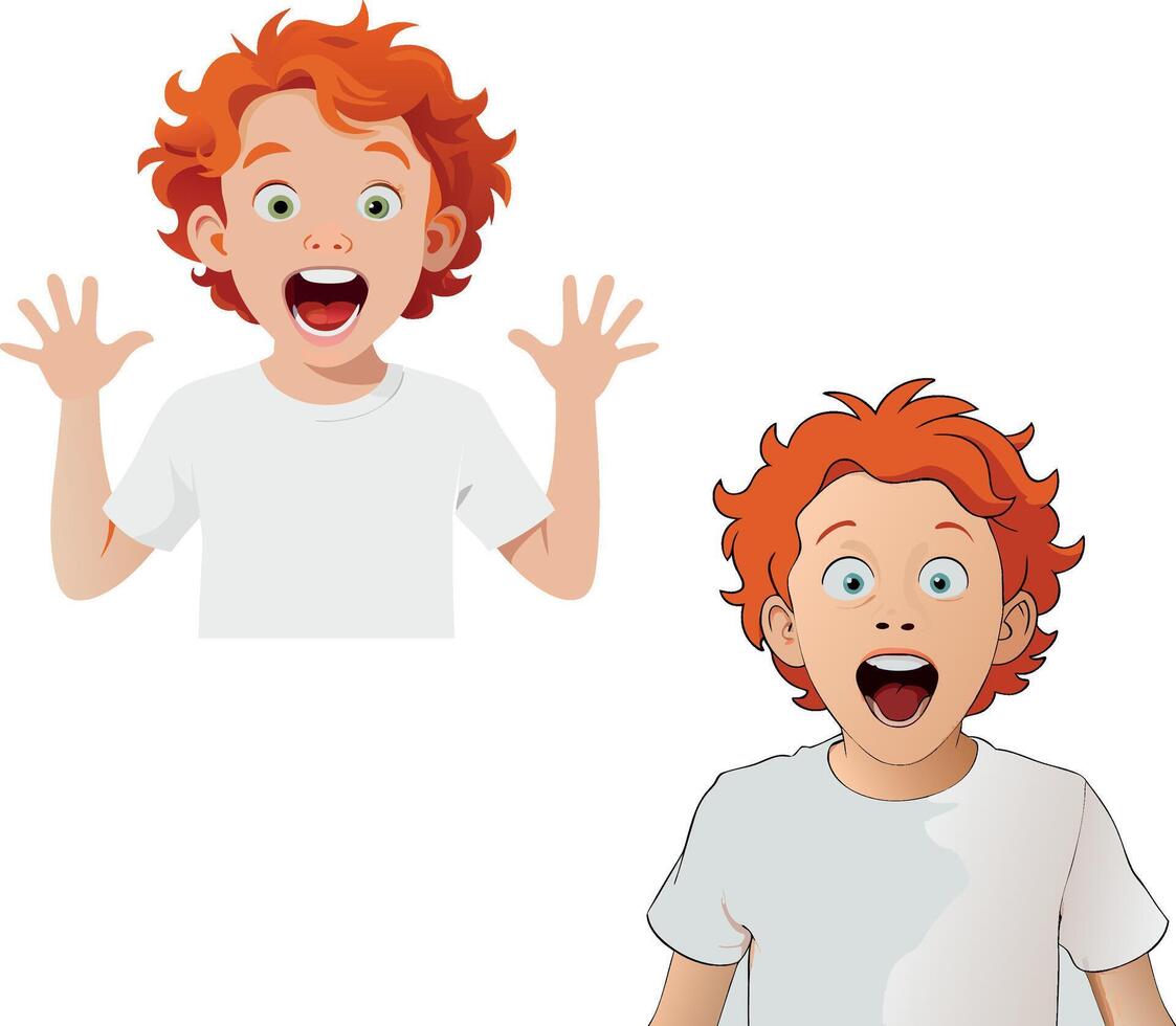 Redhead boy with open mouth raising hands in surprise vector