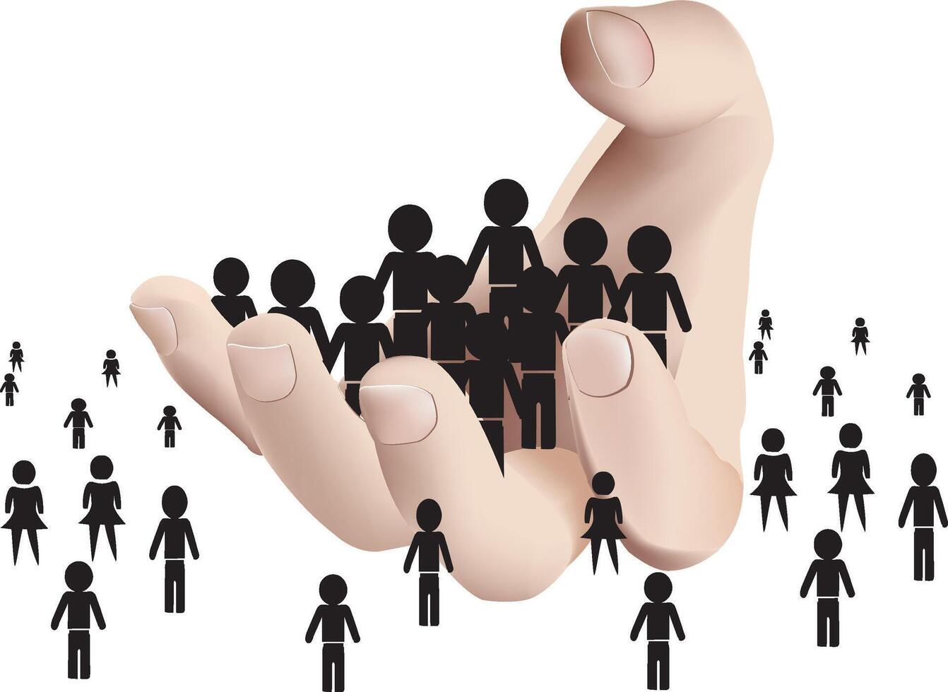 Concept of a giant hand holding a large group of stylized people, protecting and supporting them vector