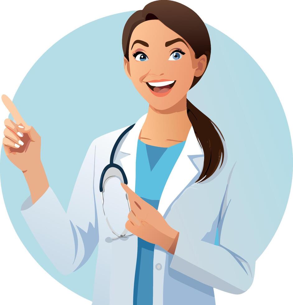 Female doctor pointing with finger and smiling vector