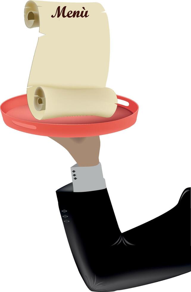 Waiter holding up a menu on a tray vector