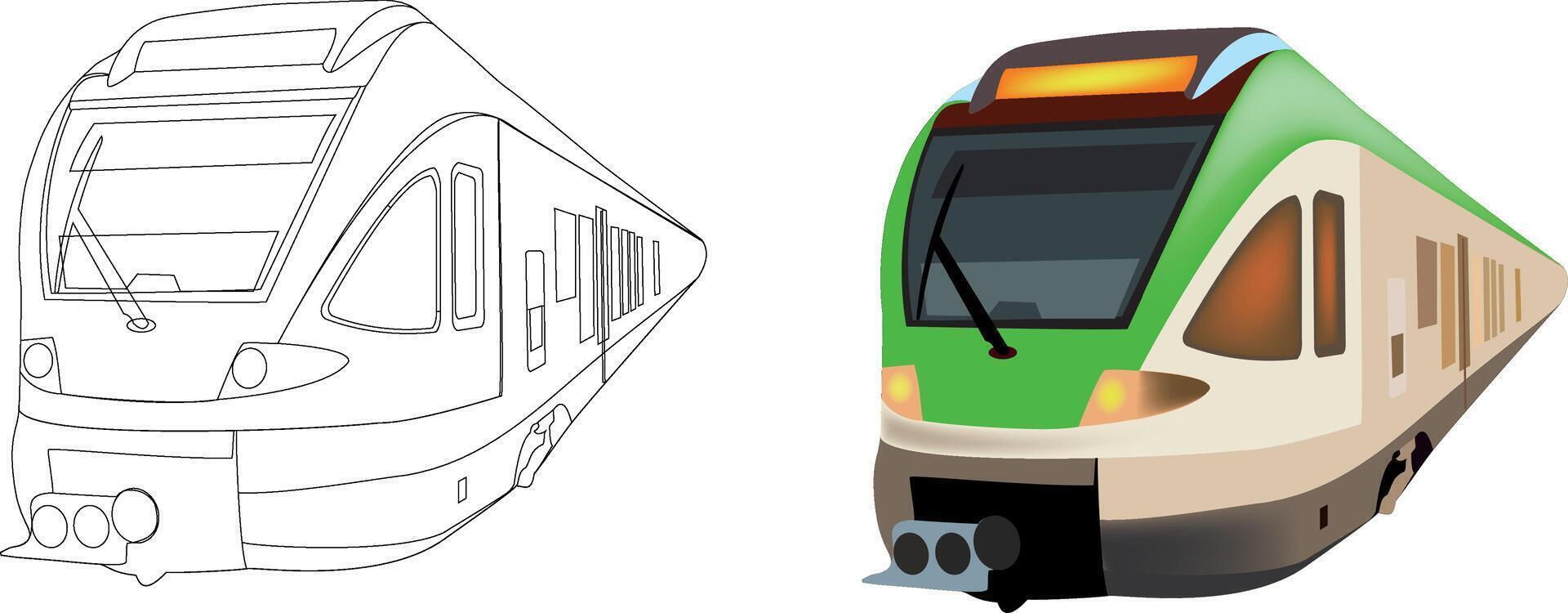 A drawing of a train and a coloring page vector