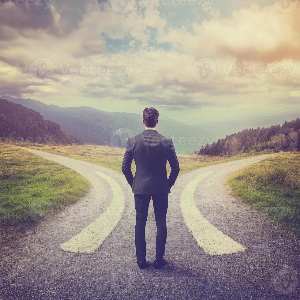 Businessman making decision choosing right path at crossroads photo