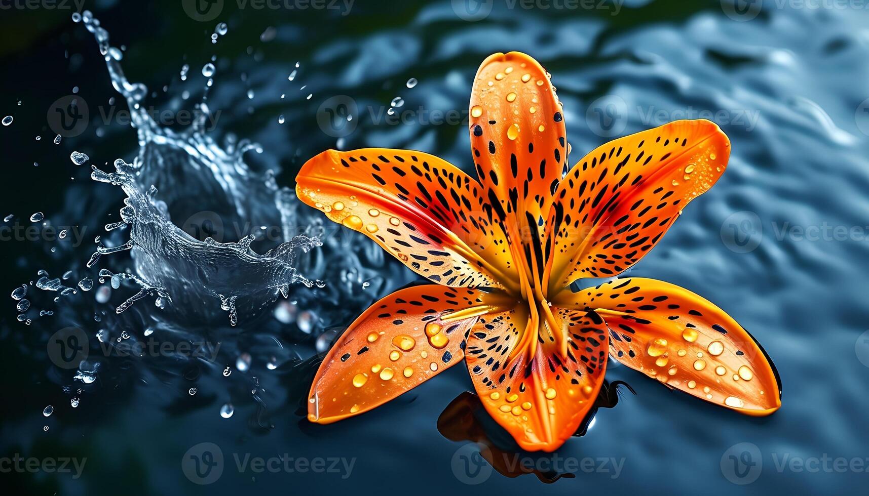 Vibrant Orange Lily on Water Surface with Splash photo
