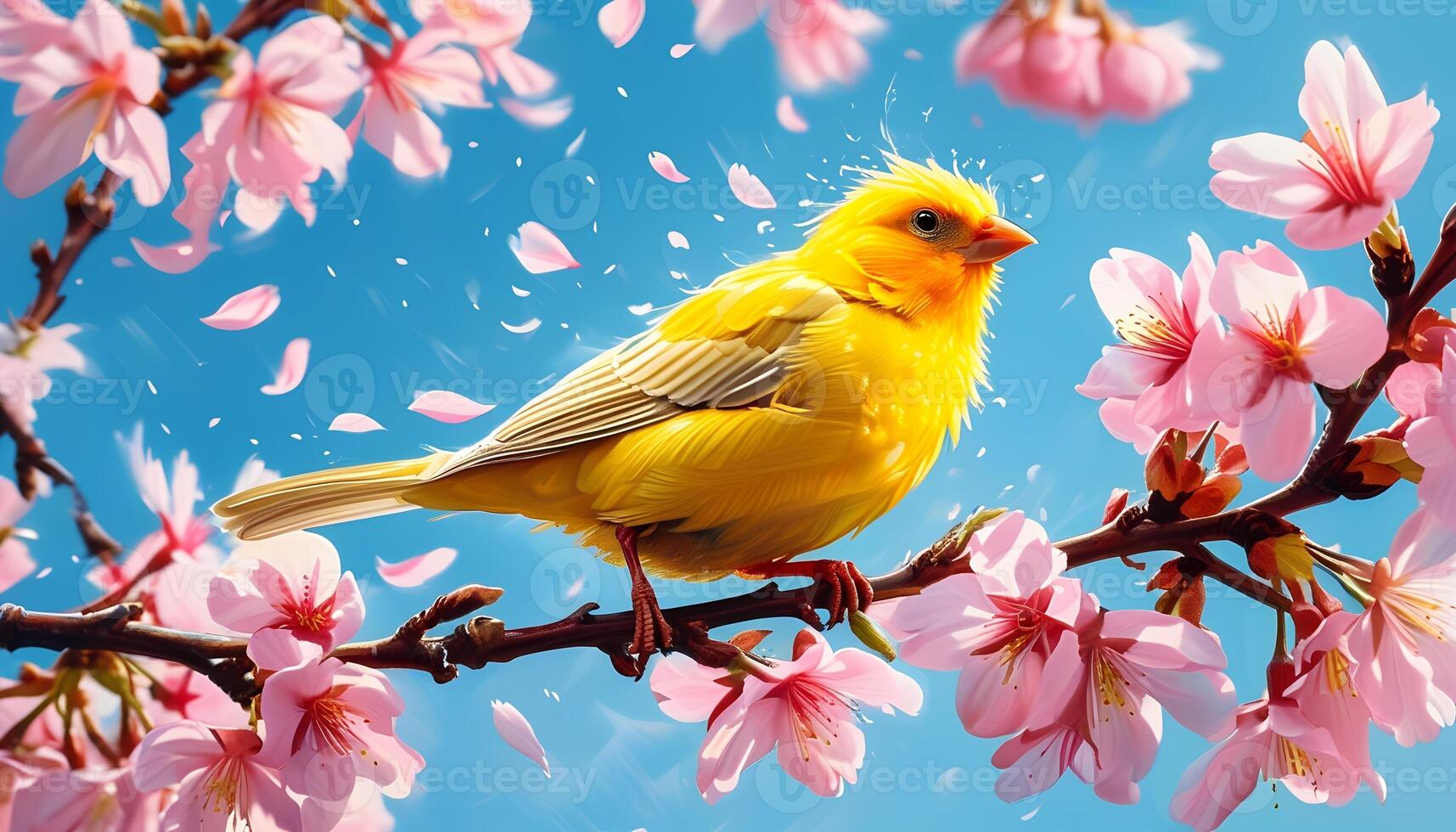 Bright Yellow Bird Among Pink Blossoms in Spring photo