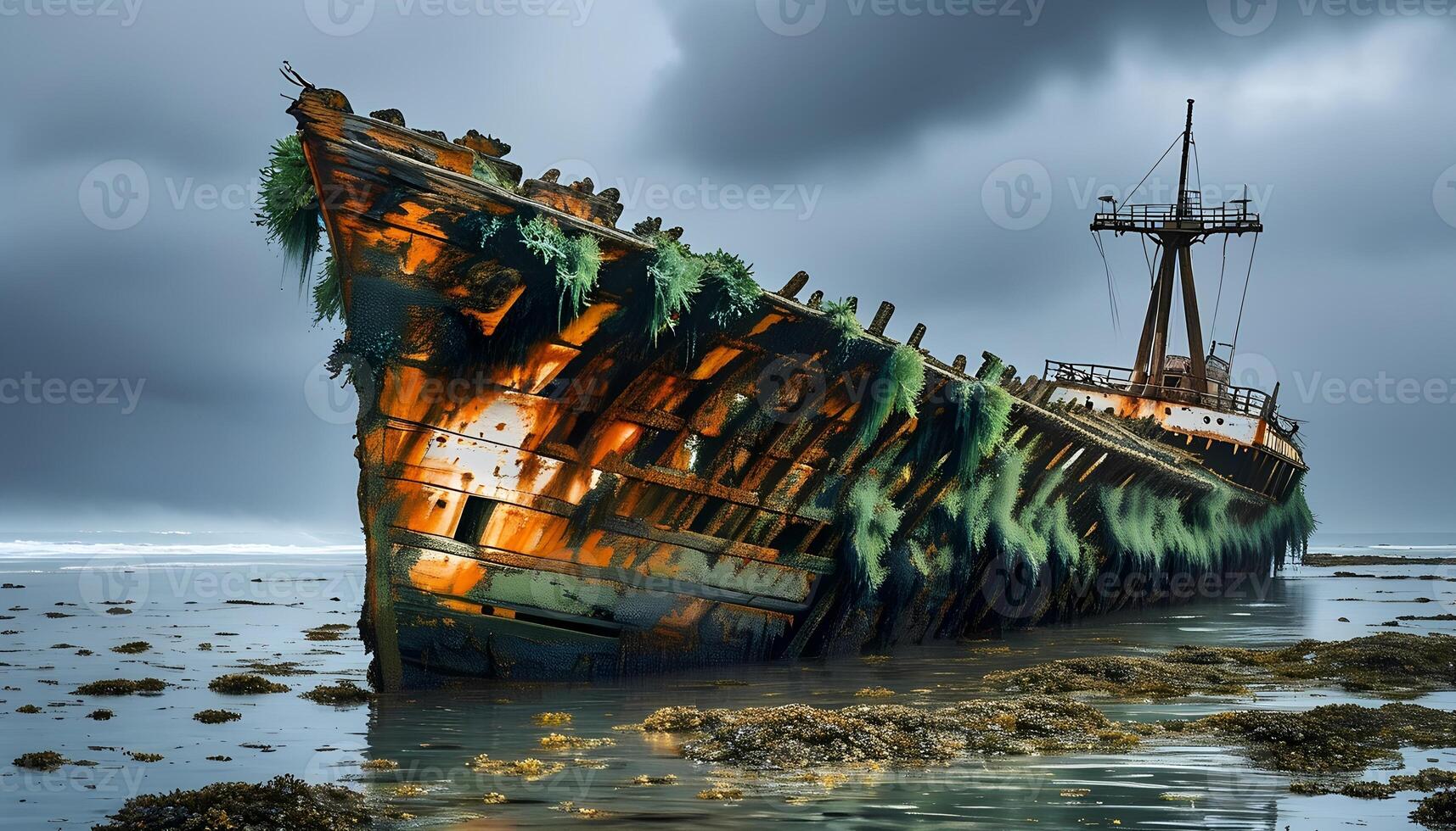 Abandoned Shipwreck Surrounded by Seaweed in Foggy Landscape photo