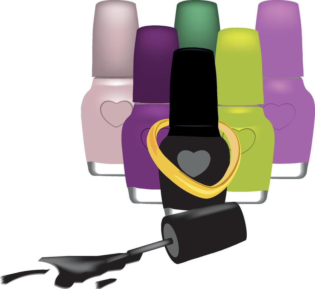 Black nail polish spilling out of the bottle surrounded by colorful bottles vector