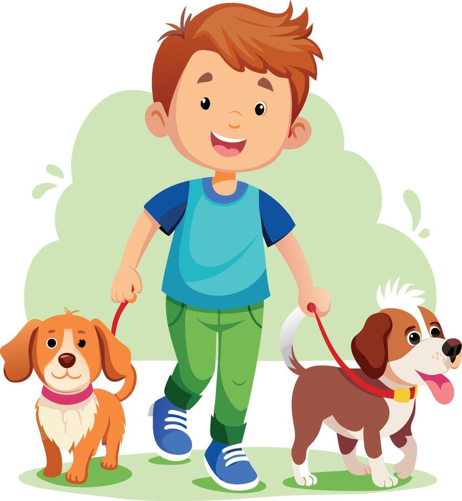 Happy boy walking two dogs wearing leashes vector