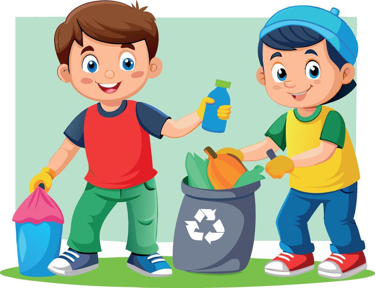 Two boys volunteering collecting garbage and sorting waste vector