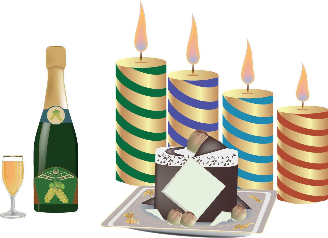 A cake, candles and a bottle of champagne vector