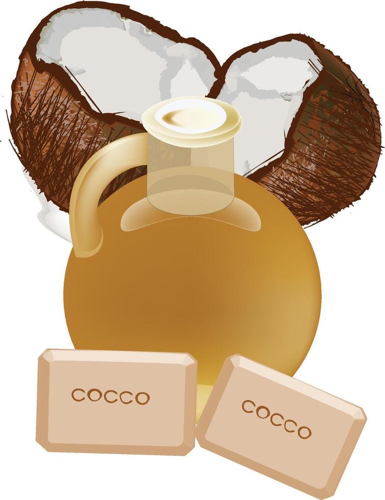 Coconut oil and soap bars being displayed with open coconuts vector