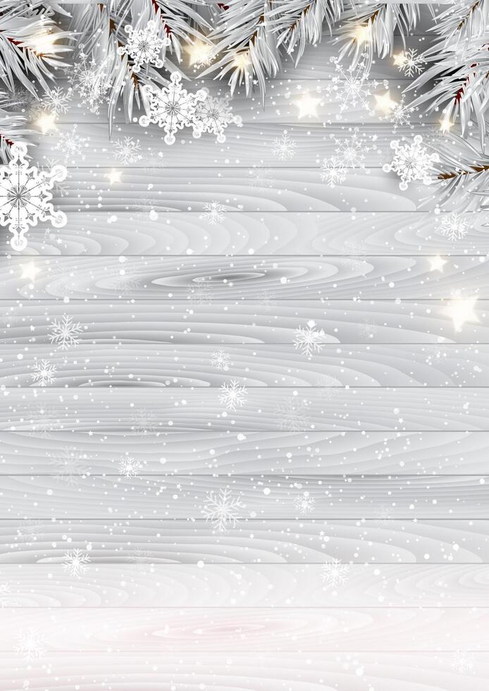 Christmas background with snowflakes and stars on wooden texture vector