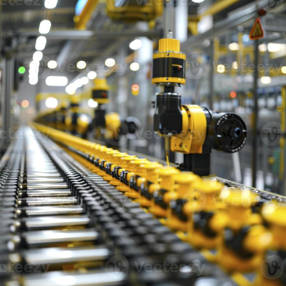 A meticulously organized assembly line in a manufacturing plant highlights the efficiency and precision of modern production processes, ensuring high-quality output. photo