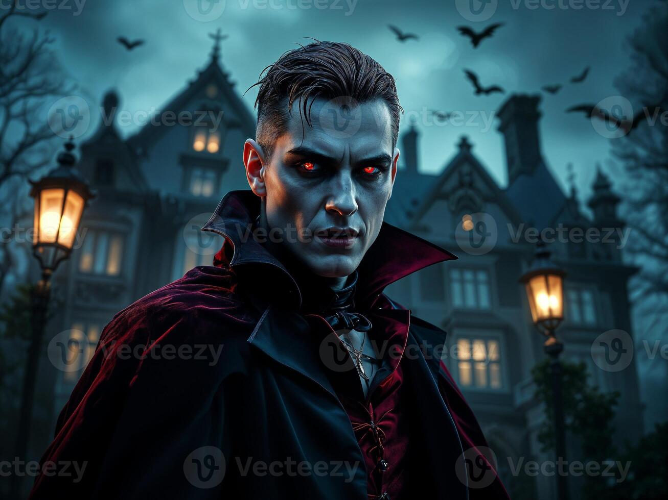 Dark vampire with glowing red eyes and a sinister expression standing in front of a haunted mansion on Halloween night photo