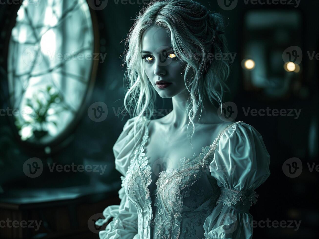 Ghostly woman with glowing eyes in a vintage white dress standing in a haunted room with an eerie atmosphere photo