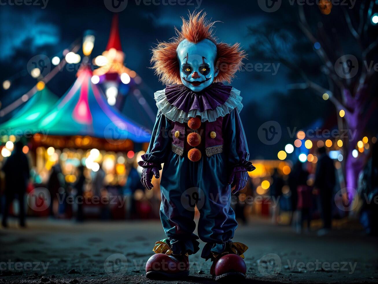 Creepy clown in eerie costume standing in front of a carnival on a spooky Halloween night photo