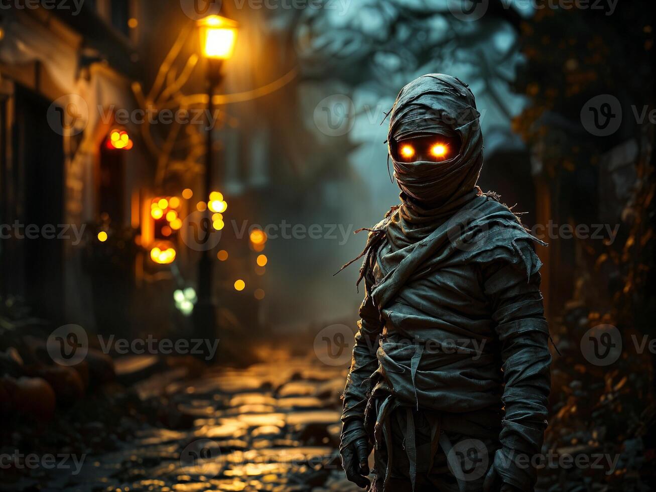Creepy figure in mummy costume with glowing eyes walking down a foggy street on a spooky Halloween night photo