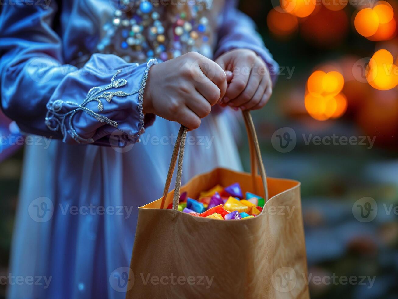 Child holding a bag of colorful Halloween candy while trick-or-treating in a festive, glowing setting photo