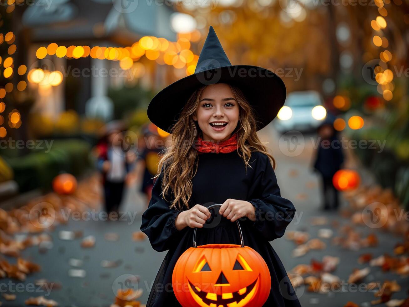 Smiling girl dressed as a witch holding pumpkin bucket while trick-or-treating on a festive Halloween evening photo