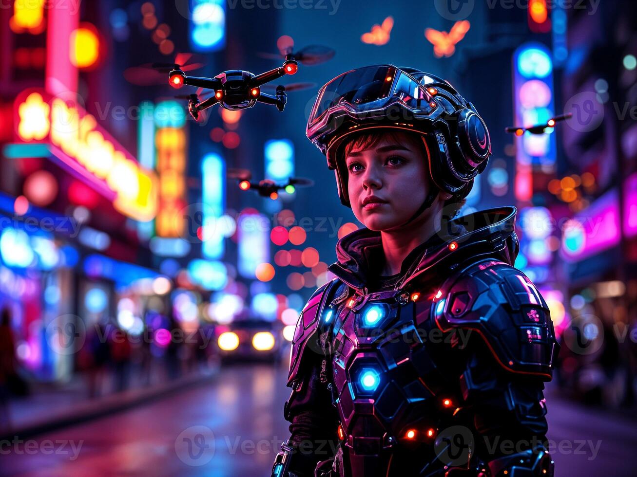 Futuristic child in high-tech armor suit with drones flying overhead in a neon-lit cityscape on Halloween night photo